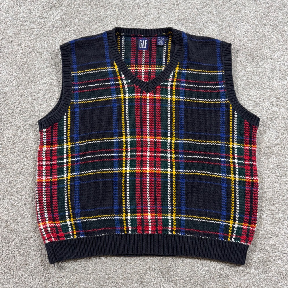 Gap Mens V-Neck Sweater Vest Plaid Cotton Knit Navy Red Green Yellow Size M